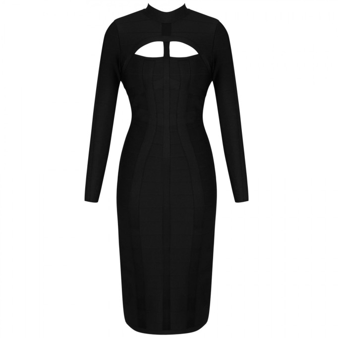 High Neck Long Sleeve Cut Out Over Knee Bandage Dress PP1103