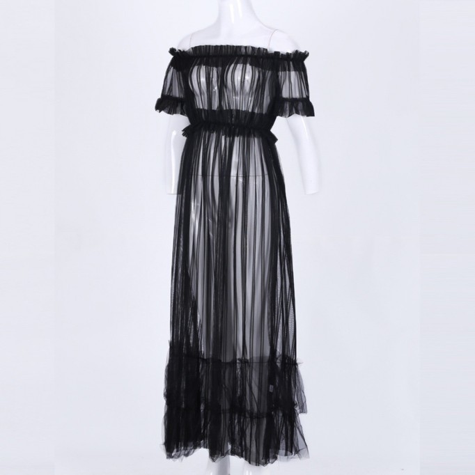 Off Shoulder Short Sleeve Lace Maxi Bodycon Dress K1962