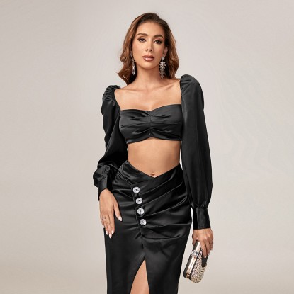 Square Neck Backless Ruched Slit Satin Two-Piece Set