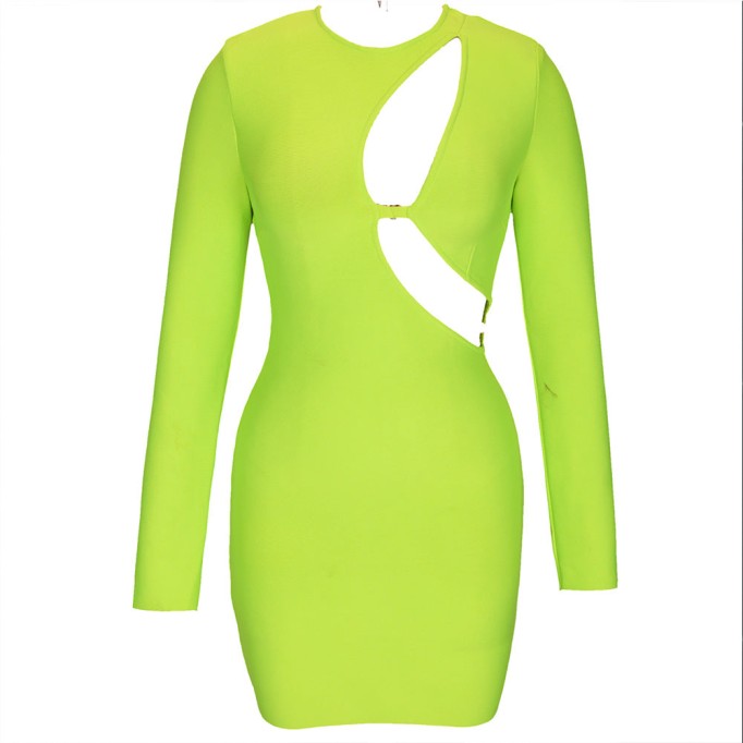 Round Neck Long Sleeve Hollow out Mini Bandage Dress PP092005