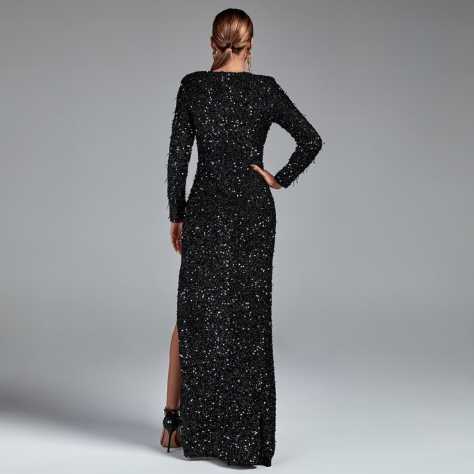 V Neck Long Sleeve Sequined Maxi Prom Dress