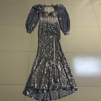 High Neck Long Sleeve Sequined Maxi Bodycon Dress HT2717