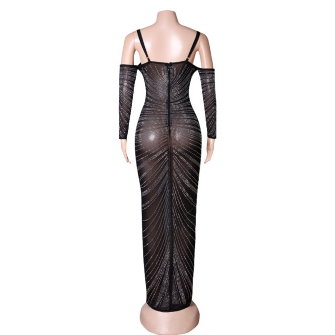 Strappy Long Sleeve Maxi Rhinestone Bandage Dress PZC1752