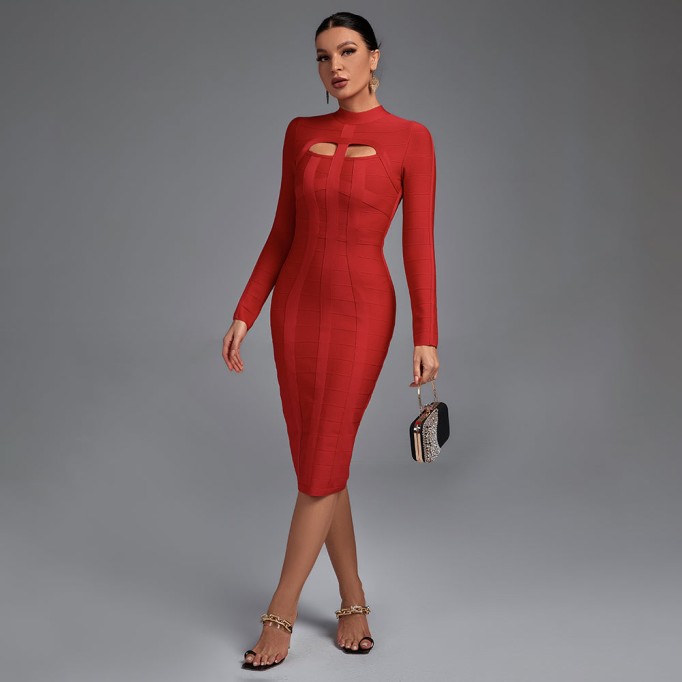 High Neck Long Sleeve Cut Out Over Knee Bandage Dress