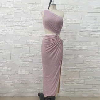 One Shoulder Sleeveless Maxi Rhinestone Bodycon Dress H01294
