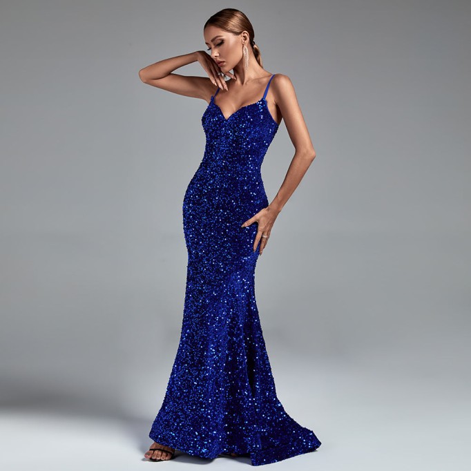 Strappy Sleeveless Sequined Maxi Prom Dress