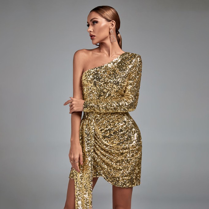 One Shoulder Sequined Mini Bodycon Dress