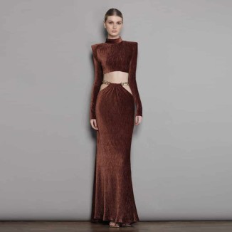 Velour Long Sleeve Exposed Waist Two Piece Set