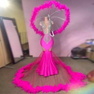 Round Neck Sleeveless Diamond Feather Maxi Exclusive Custom Dress TH20112