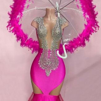 Round Neck Sleeveless Diamond Feather Maxi Exclusive Custom Dress TH20112