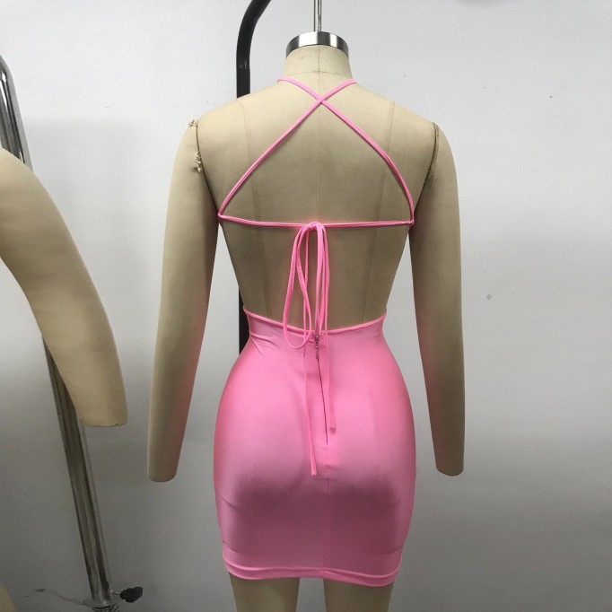 Halter Sleeveless Diamond Mini Exclusive Custom Pink Dress TH26063