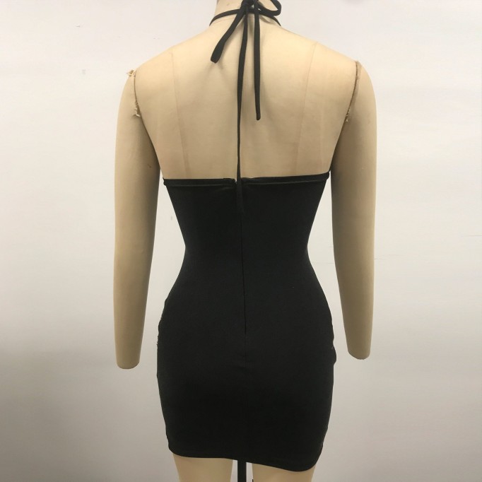 Halter Sleeveless Diamond Mini Exclusive Custom Black Dress TH26067
