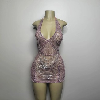Halter Sleeveless Diamond Mini Exclusive Custom Pink Dress TH26030