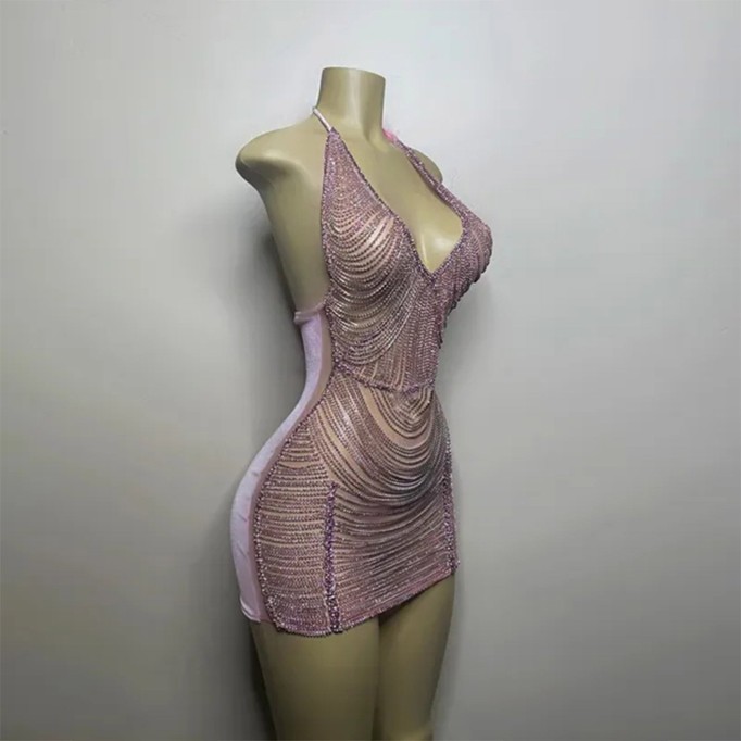 Halter Sleeveless Diamond Mini Exclusive Custom Pink Dress TH26030