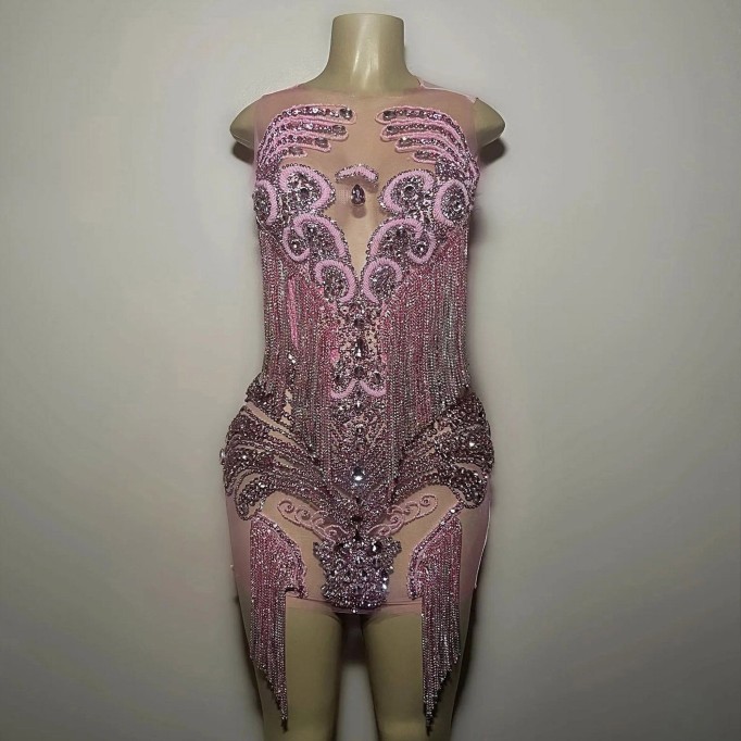 Round Neck Sleeveless Diamond Mini Exclusive Custom Pink Dress TH26002